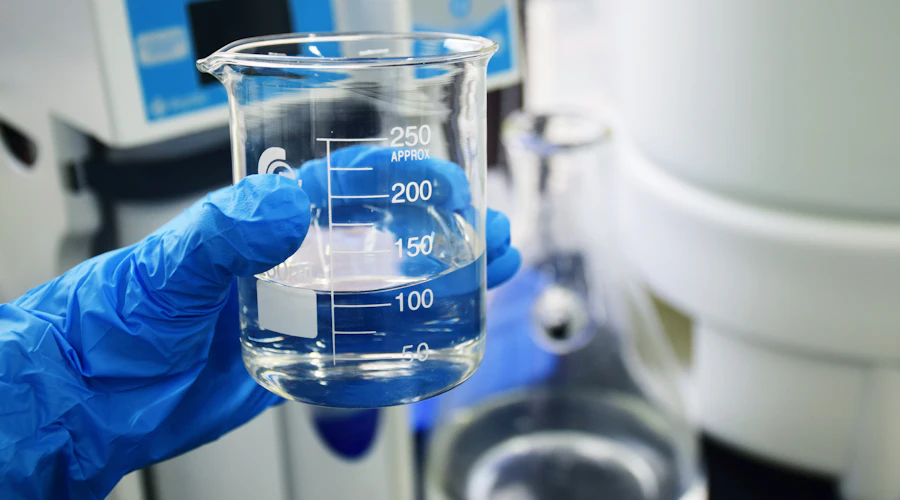 Une main gantée tient un bécher de verre rempli d’un liquide clair, dans un laboratoire.